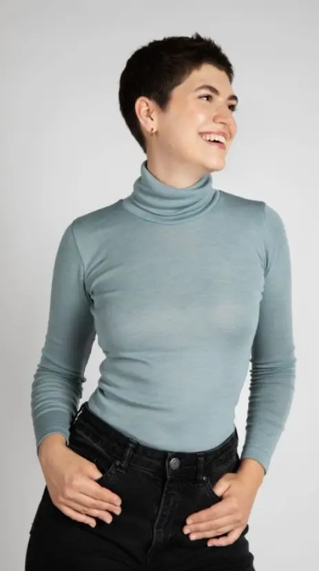 Pull à col roulé à manches longues pour femme en laine/soie "bleu montagne", Engel