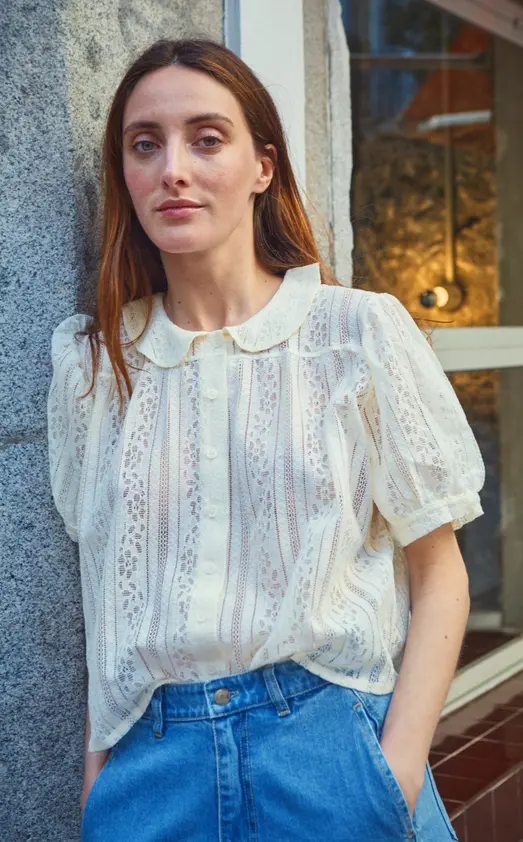 Bluse "Ambre" mit Spitze ecru, Poudre Organic