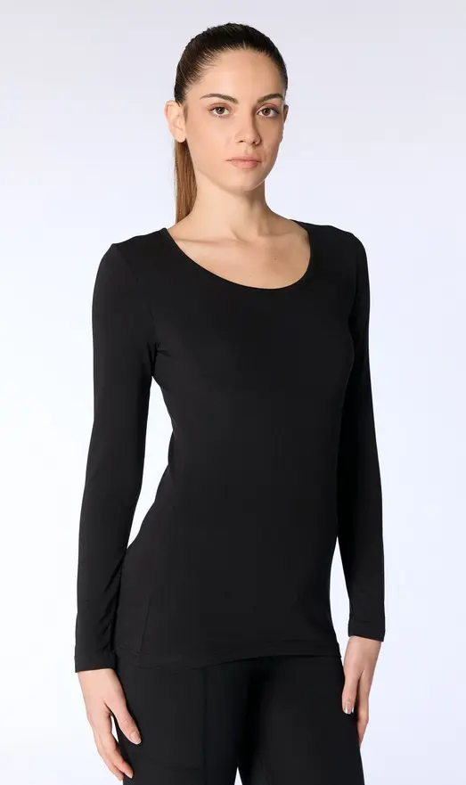 T-shirt stretch manches longues pour femme noir, Leela Cotton