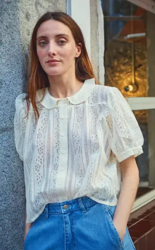 Bluse "Ambre" mit Spitze ecru, Poudre Organic