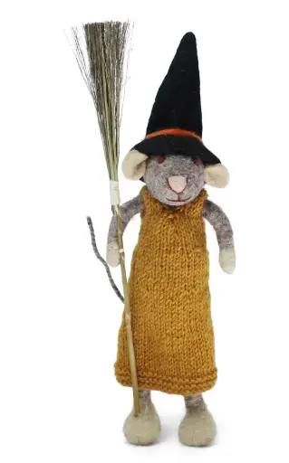 [Art.Nr.80823] Grey Mouse with/broom and Ochre Dress, GRY & SIF   